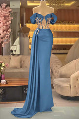Blue Mermaid Prom Dress Off the Shoulder Beaded Formal Dress