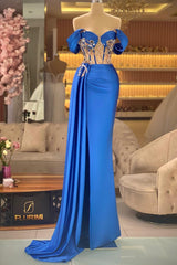Blue Mermaid Prom Dress Off the Shoulder Beaded Formal Dress