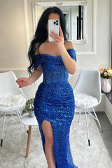 Blue Mermaid Prom Dress Off the Shoulder Sequined Formal Dress
