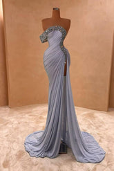 Blue Mermaid Prom Dress One Shoulder Beaded Formal Dress