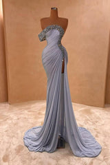 Blue Mermaid Prom Dress One Shoulder Beaded Formal Dress