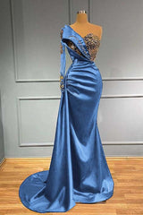Blue Mermaid Prom Dress One Shoulder Long Sleeve Beaded Formal Dress