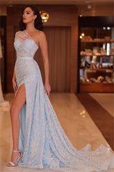 Blue Mermaid Prom Dress One Shoulder Sequined Formal Dress