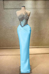 Blue Mermaid Prom Dress Sleeveless Beaded Formal Dress