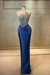 Blue Mermaid Prom Dress Sleeveless Beaded Formal Dress