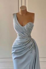Blue Mermaid Prom Dress Sleeveless Beaded One Shoulder Formal Dress