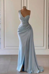 Blue Mermaid Prom Dress Sleeveless Beaded One Shoulder Formal Dress