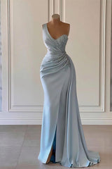 Blue Mermaid Prom Dress Sleeveless Beaded One Shoulder Formal Dress