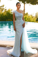 Blue Mermaid Prom Dress Sleeveless One Shoulder Beaded Formal Dress