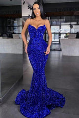 Blue Mermaid Prom Dress Sleeveless Sequined Spaghetti Straps Formal Dress