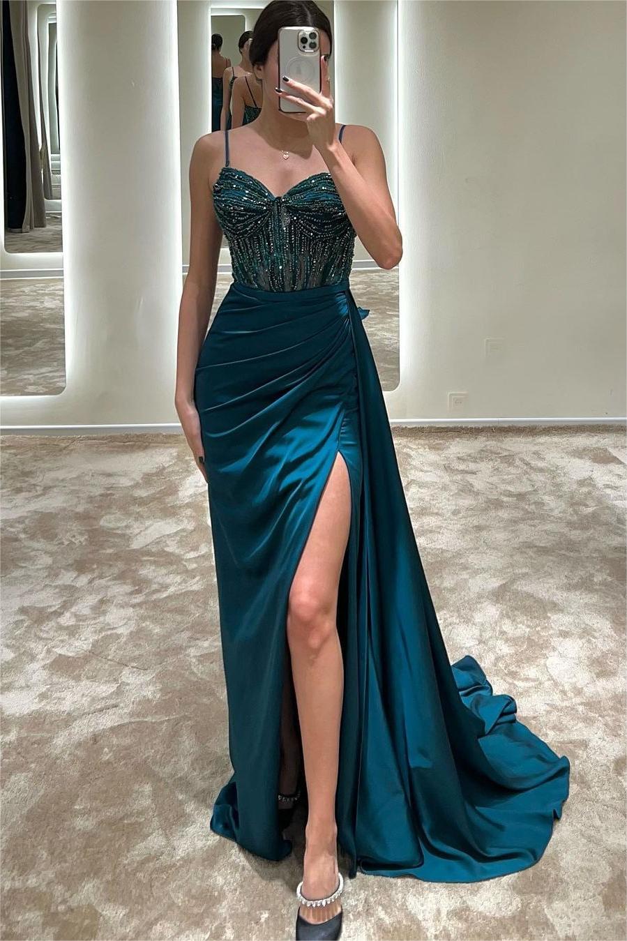 Blue Mermaid Prom Dress Sleeveless Spaghetti Straps Beaded Formal Dress