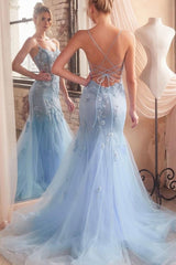 Blue Mermaid Prom Dress Sleeveless Spaghetti Straps Formal Dress With Lace Appliques