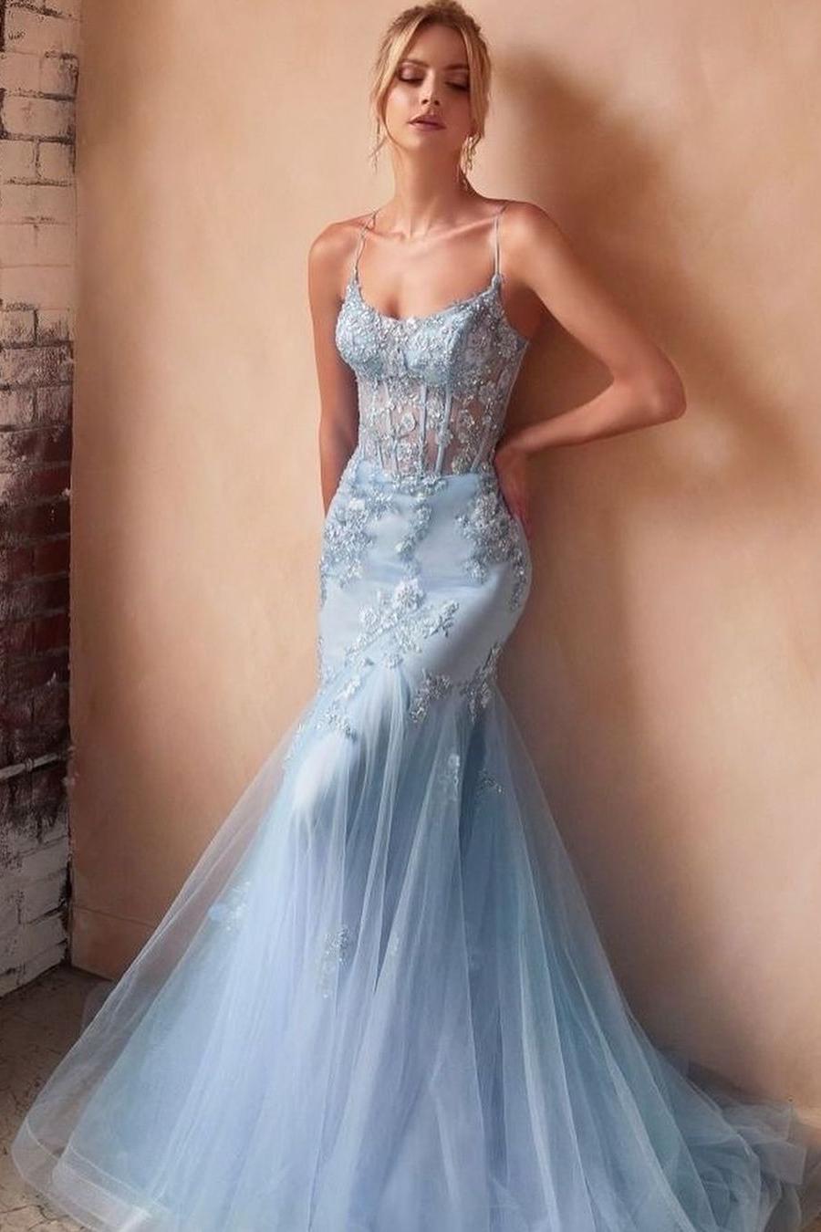 Blue Mermaid Prom Dress Sleeveless Spaghetti Straps Formal Dress With Lace Appliques