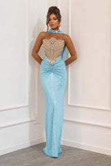 Blue Mermaid Prom Dress Sleeveless Strapless Beaded Formal Dress