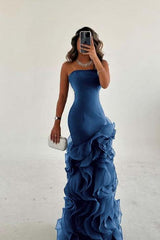 Blue Mermaid Prom Dress Sleeveless Strapless Ruffled Organza Formal Dress