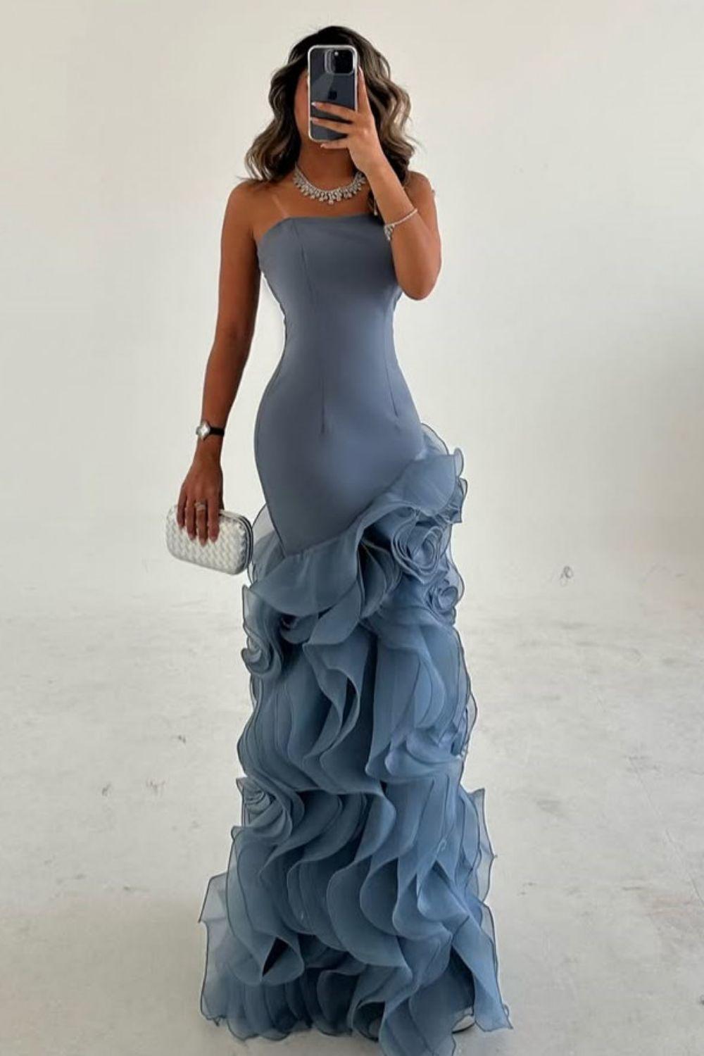 Blue Mermaid Prom Dress Sleeveless Strapless Ruffled Organza Formal Dress