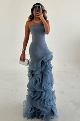 Blue Mermaid Prom Dress Sleeveless Strapless Ruffled Organza Formal Dress