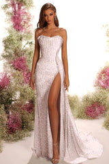 Blue Mermaid Prom Dress Sleeveless Strapless Sequined Formal Dress