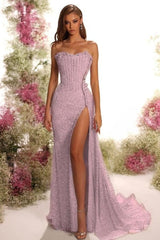 Blue Mermaid Prom Dress Sleeveless Strapless Sequined Formal Dress
