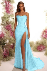 Blue Mermaid Prom Dress Sleeveless Strapless Sequined Formal Dress