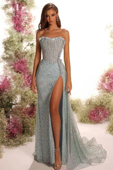 Blue Mermaid Prom Dress Sleeveless Strapless Sequined Formal Dress