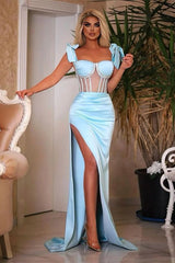 Blue Mermaid Prom Dress Sleeveless Straps Beaded Formal Dress