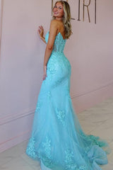 Blue Mermaid Prom Dress Sleeveless Sweetheart Formal Dress With Lace Appliques