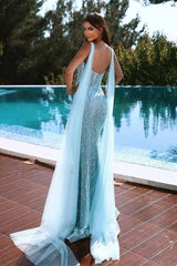 Blue Mermaid Prom Dress Sleeveless V Neck Sequined Formal Dress