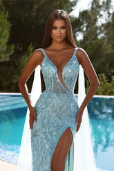 Blue Mermaid Prom Dress Sleeveless V Neck Sequined Formal Dress
