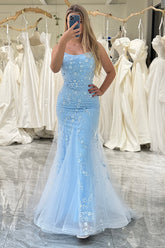 Blue Mermaid Prom Dress Spaghetti Straps Appliqued Long Evening Dress