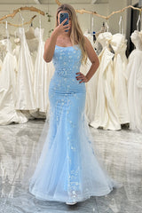 Blue Mermaid Prom Dress Spaghetti Straps Appliqued Long Evening Dress