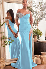 Blue Mermaid Prom Dress Spaghetti Straps Beaded Formal Dress