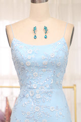 Blue Mermaid Prom Dress Spaghetti Straps Long Evening Dress With Appliques