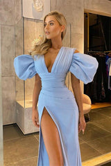 Blue Mermaid Prom Dress V Neck Satin Formal Dress