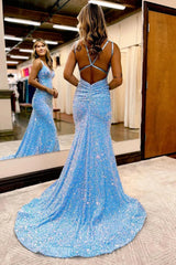 Blue Mermaid Sequined Long Backless Prom Dress