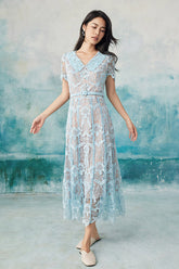 Blue Midi Lace A Line Casual Summer Holiday Dress