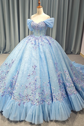 Blue Off the Shoulder Corset Ball Gown Quinceanera Dress