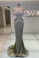 Blue Off the Shoulder Prom Dress Long Sleeve Mermaid Formal Dress With Beadings