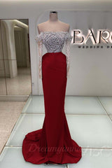 Blue Off the Shoulder Prom Dress Long Sleeve Mermaid Formal Dress With Beadings