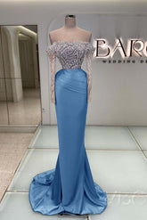 Blue Off the Shoulder Prom Dress Long Sleeve Mermaid Formal Dress With Beadings