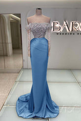 Blue Off the Shoulder Prom Dress Long Sleeve Mermaid Formal Dress With Beadings