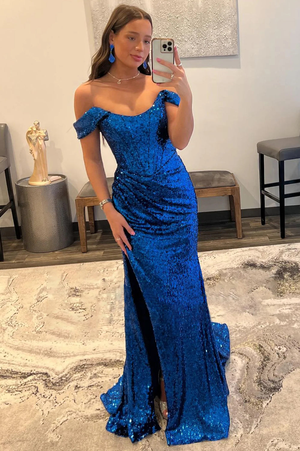 Blue Off the Shoulder Prom Dress Mermaid Evening Dress with Slit