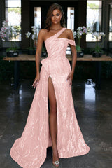 Blue One Shoulder Evening Dress with Sequin Slit