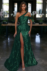 Blue One Shoulder Evening Dress with Sequin Slit