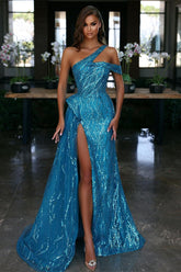 Blue One Shoulder Evening Dress with Sequin Slit