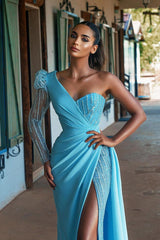 Blue One Shoulder Long Sleeve Prom Dress Mermaid Split With Sequins