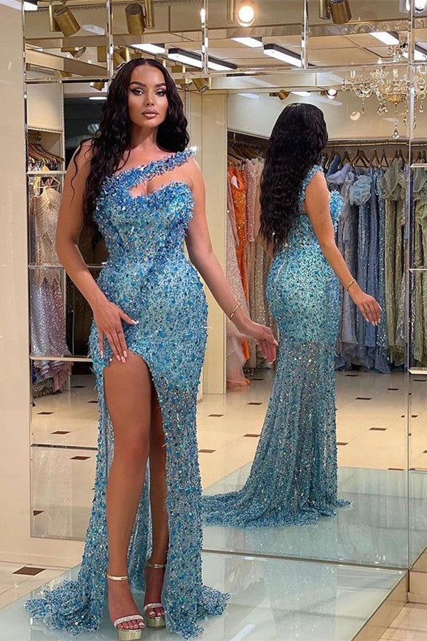 Blue One Shoulder Mermaid Prom Dress Sleeveless Sequined Formal Dress