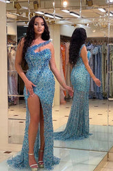 Blue One Shoulder Mermaid Prom Dress Sleeveless Sequined Formal Dress