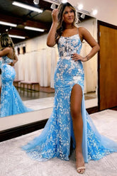 Blue Open Back Prom Dress Mermaid Lace Evening Dress with Slit