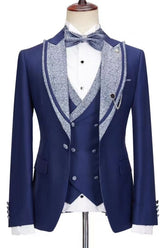 Blue Peaked Lapel Three Piece Wedding Suit Newest
